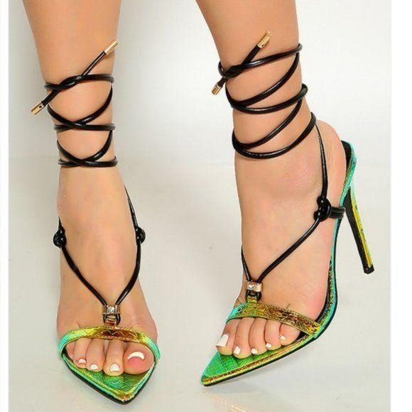 Mermaid Metallic & Black Ankle Wrap Heels - Picture 2 of 11